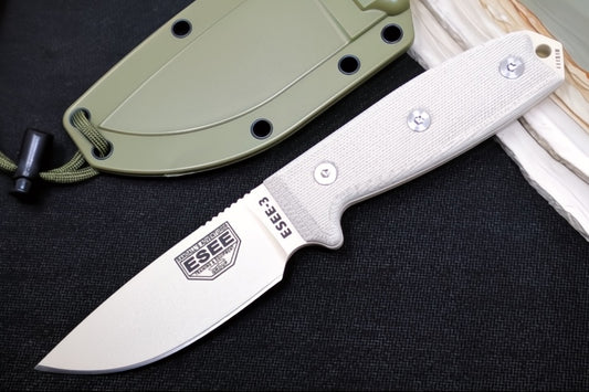 Esee Knives Model 3 - Tan Canvas Micarta Handle / 1095 Steel / Tan Textured Powdered Blade / OD Green Molded Polymer Sheath 3P-DT