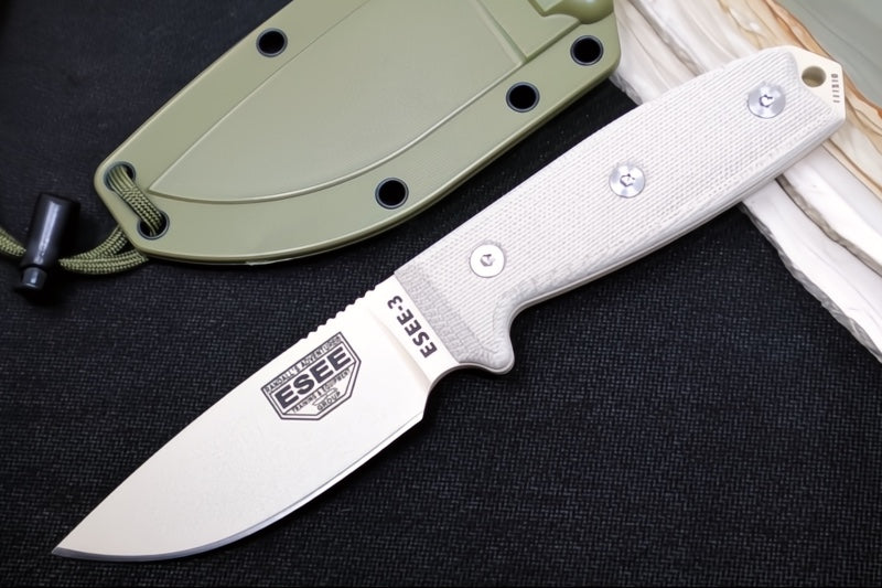 Esee Knives Model 3 - Tan Canvas Micarta Handle / 1095 Steel / Tan Textured Powdered Blade / OD Green Molded Polymer Sheath 3P-DT - Northwest Knives