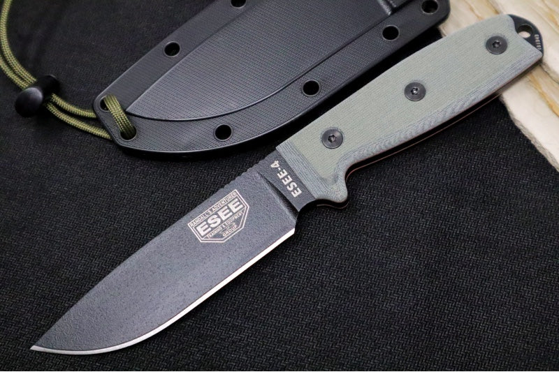 Esee Knives Model 4 - 3D Black Canvas Micarta Handle / 1095 Steel / Black Textured Powdered Coated Blade / Black Molded Polymer Sheath 4P-B - Northwest Knives