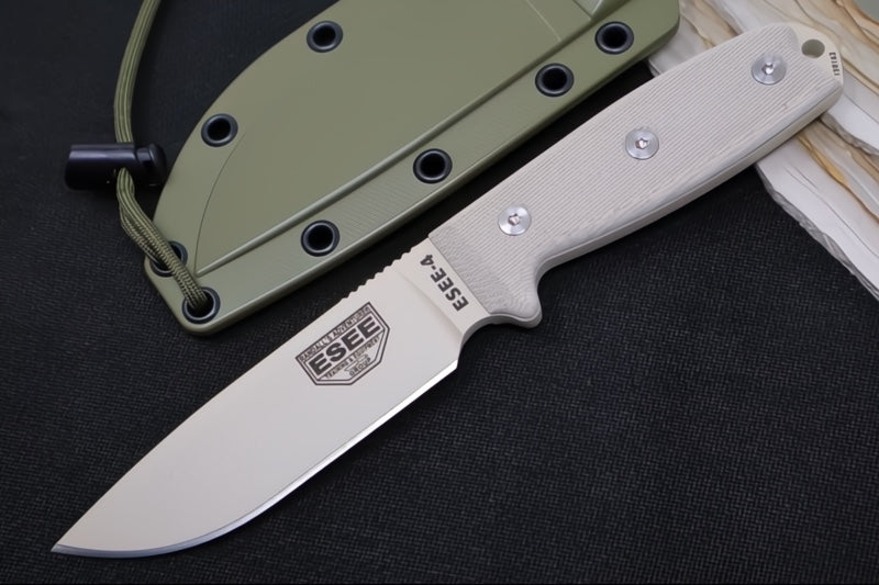 Esee Knives Model 4 - 3D Tan Canvas Micarta Handle / 1095 Steel / Tan Textured Powdered Coated Blade / OD Green Molded Polymer Sheath 4P-DT - Northwest Knives