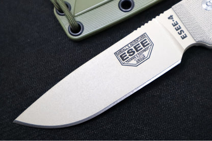 Esee Knives Model 4 - 3D Tan Canvas Micarta Handle / 1095 Steel / Tan Textured Powdered Coated Blade / OD Green Molded Polymer Sheath 4P-DT