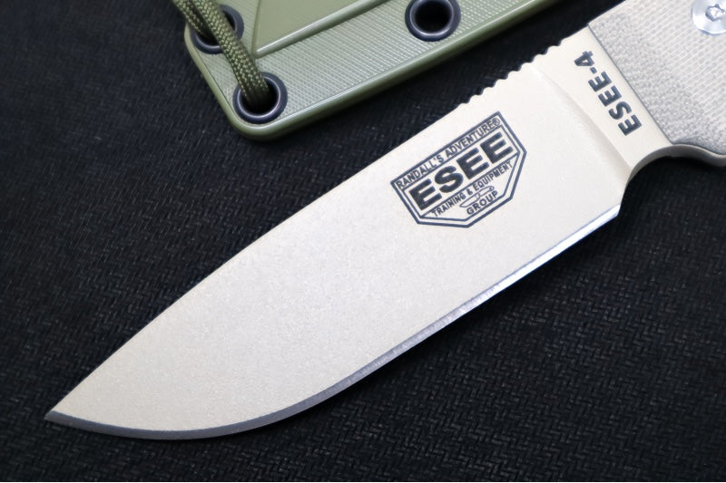 Esee Knives Model 4 - 3D Tan Canvas Micarta Handle / 1095 Steel / Tan Textured Powdered Coated Blade / OD Green Molded Polymer Sheath 4P-DT - Northwest Knives