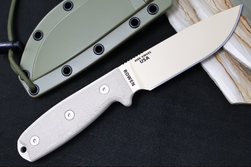 Esee Knives Model 4 - 3D Tan Canvas Micarta Handle / 1095 Steel / Tan Textured Powdered Coated Blade / OD Green Molded Polymer Sheath 4P-DT - Northwest Knives