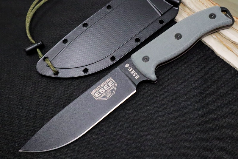 Esee Knives Model 6 - Black Canvas Micarta Handle / 1095 Steel / Black Textured Powdered Blade / Black Molded Polymer Sheath 6P-B - Northwest Knives