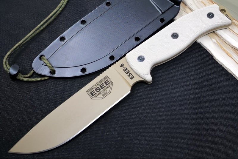 Esee Knives Model 6 - Tan Canvas Micarta Handle / 1095 Steel / Tan Textured Powdered Blade / Black Molded Polymer Sheath 6P-DE