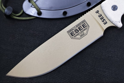 Esee Knives Model 6 - Tan Canvas Micarta Handle / 1095 Steel / Tan Textured Powdered Blade / Black Molded Polymer Sheath 6P-DE