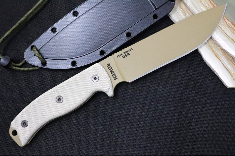 Esee Knives Model 6 - Tan Canvas Micarta Handle / 1095 Steel / Tan Textured Powdered Blade / Black Molded Polymer Sheath 6P-DE - Northwest Knives