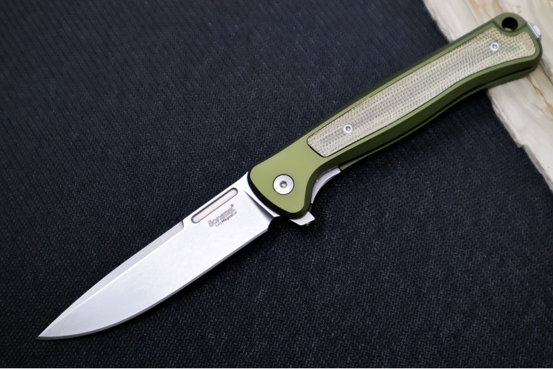 Lionsteel Skinny Integral Flipper - Drop Point Blade / CPM-Magnacut Steel / Green Aluminum Handles with Green Canvas Micarta Inlay SK01AGS