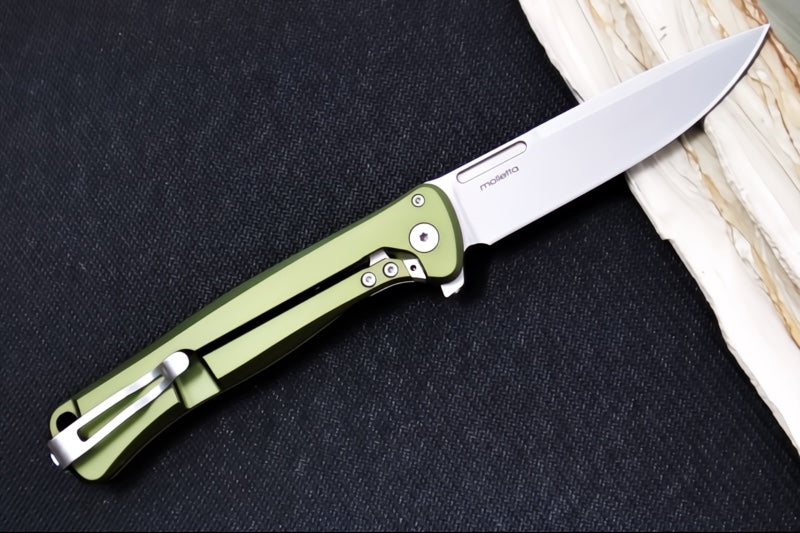 Lionsteel Skinny Integral Flipper - Drop Point Blade / CPM-Magnacut Steel / Green Aluminum Handles with Green Canvas Micarta Inlay SK01AGS