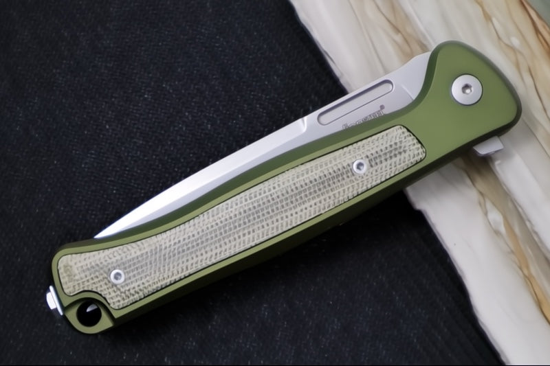 Lionsteel Skinny Integral Flipper - Drop Point Blade / CPM-Magnacut Steel / Green Aluminum Handles with Green Canvas Micarta Inlay SK01AGS