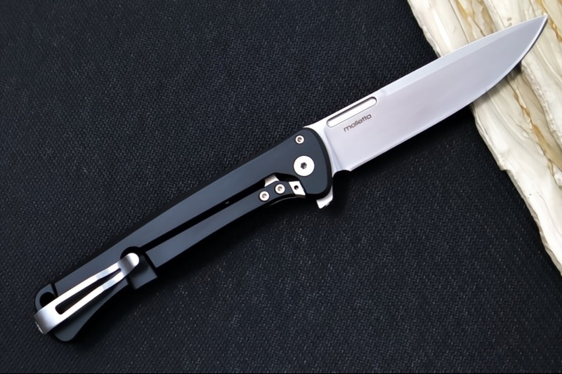 Lionsteel Skinny Integral Flipper - Drop Point Blade / CPM-Magnacut Steel / Black Aluminum Handles with Black Canvas Micarta Inlay SK01ABS