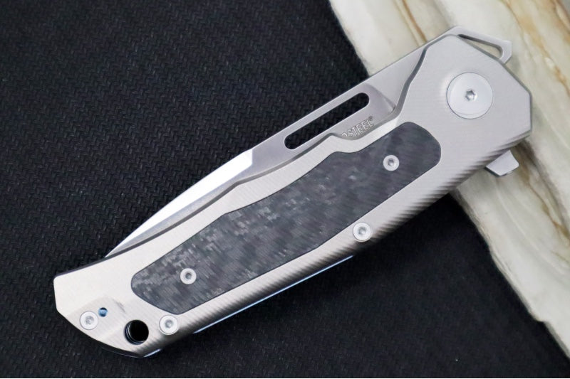 Lionsteel Q4ttro Flipper - Drop Point Blade / CPM-Magnacut Steel / Titanium Handle with Fat Carbon Fiber Inlays / Blue Anodized Clip Q4 GY - Northwest Knives