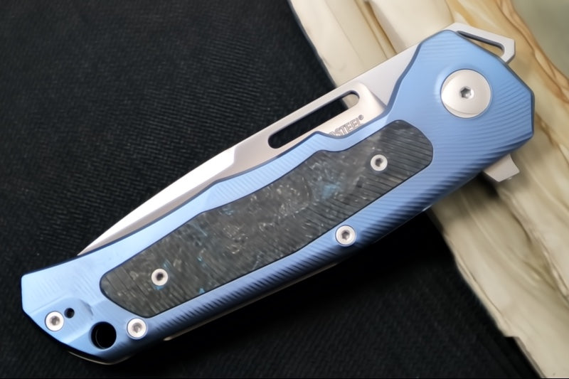Lionsteel Q4ttro Flipper - Drop Point Blade / CPM-Magnacut Steel / Blue Anodized Titanium Handle with Fat Carbon Fiber Inlays Q4 BL