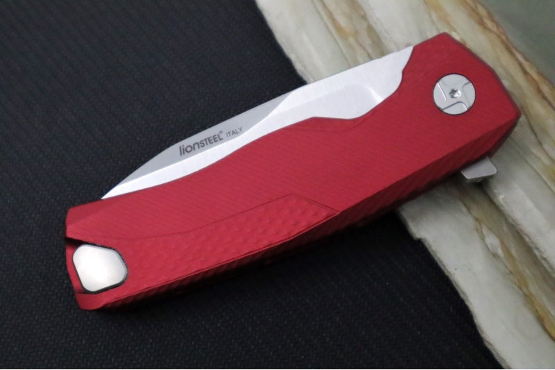 Lionsteel ROK Flipper - Red Anodized Aluminum Handle / Drop Point Blade / Satin Finish ROK A RS