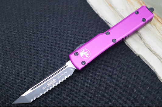 Microtech UTX-70 OTF - Tanto Blade with Full Serrations / Black Finish / Violet Anodized Aluminum Handle 149-3VI