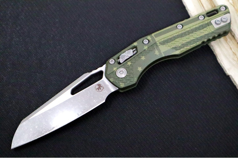 Microtech MSI Manual Folder - Apocalyptic Finished Blade / OD Green Flag Polymer Handle 210T-10APPMODFLAG