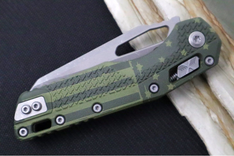 Microtech MSI Manual Folder - Apocalyptic Finished Blade / OD Green Flag Polymer Handle 210T-10APPMODFLAG