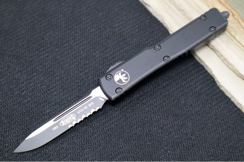 Microtech UTX-70 Tactical OTF - Black Anodized Aluminum Handle / Single Edge with Partial Serrations / Black Blade 148-2T