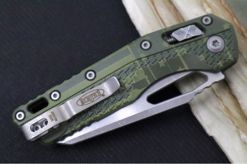 Microtech MSI Manual Folder - Apocalyptic Finished Blade / OD Green Flag Polymer Handle 210T-10APPMODFLAG