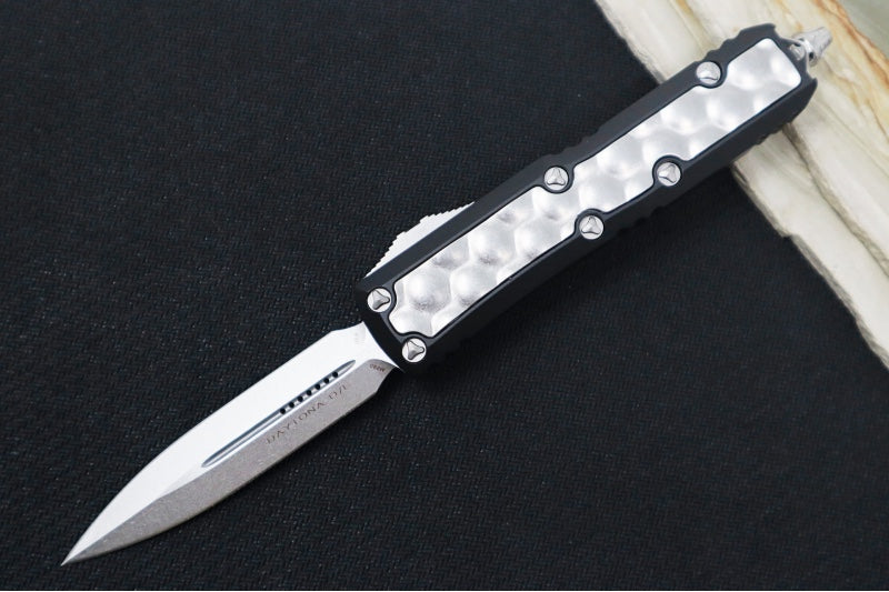 Microtech Daytona OTF - Double Edge / Stonewashed Finish / Black Anodized Aluminum Handle with Bubble Inlay 126-10BIS