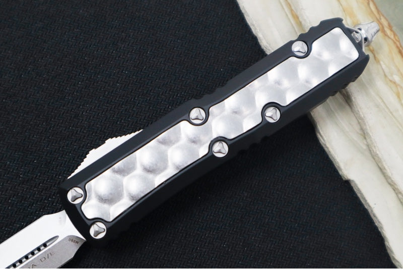 Microtech Daytona OTF - Double Edge / Stonewashed Finish / Black Anodized Aluminum Handle with Bubble Inlay 126-10BIS