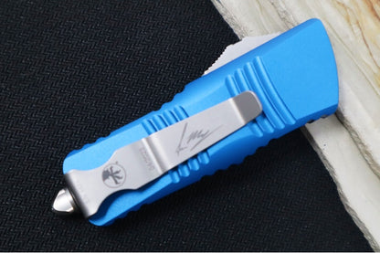 Microtech Mini Troodon Signature Series OTF - Hellhound Blade /  Stonewash Finish / Blue Anodized Aluminum Handle 819-10BLS