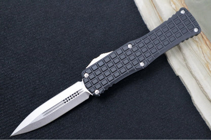 Microtech Hera Signature Series OTF - Stonewashed Finish / Dagger Blade / Black Aluminum Handle with Frag Pattern 702-10FRS