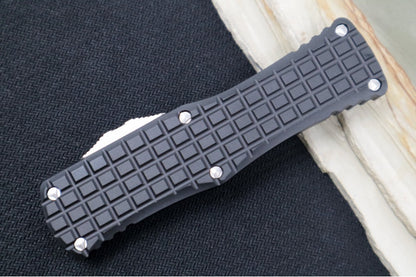 Microtech Hera Signature Series OTF - Stonewashed Finish / Dagger Blade / Black Aluminum Handle with Frag Pattern 702-10FRS