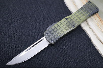 Microtech Hera Signature Series OTF - Apocalyptic Finish / Drop Point Blade with Full Serrations / Grenade Green Aluminum Handle with Frag Pattern 703-12APFRGS