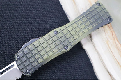 Microtech Hera Signature Series OTF - Apocalyptic Finish / Drop Point Blade with Full Serrations / Grenade Green Aluminum Handle with Frag Pattern 703-12APFRGS