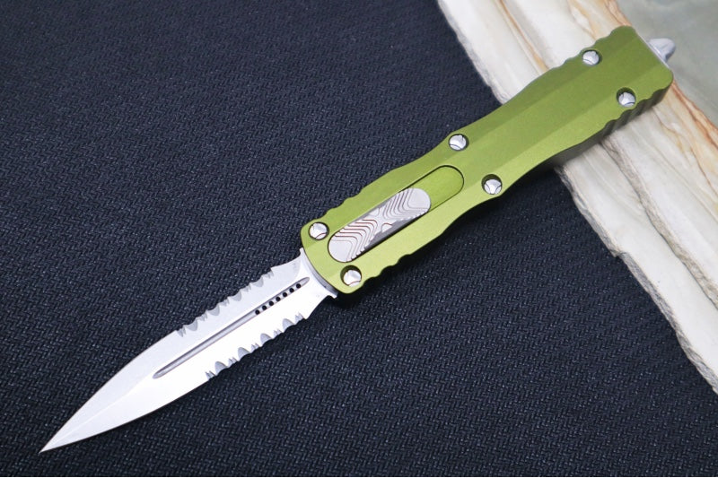 Microtech Dirac OTF - Dagger Blade with Partial Serrations / Stonewash Finish / OD Green Aluminum Handle 225-11OD