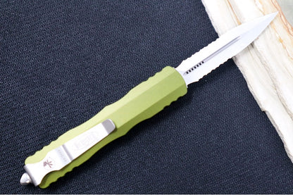 Microtech Dirac OTF - Dagger Blade with Partial Serrations / Stonewash Finish / OD Green Aluminum Handle 225-11OD