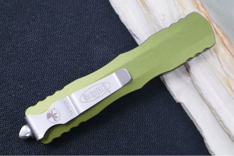 Microtech Dirac OTF - Dagger Blade with Partial Serrations / Stonewash Finish / OD Green Aluminum Handle 225-11OD
