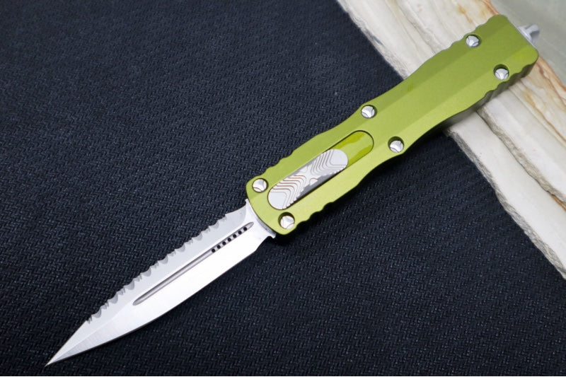Microtech Dirac OTF - Dagger Blade with Full Serrations / Satin Finish / OD Green Aluminum Handle 225-6OD