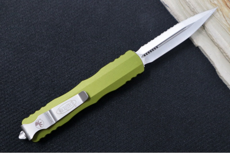 Microtech Dirac OTF - Dagger Blade with Full Serrations / Satin Finish / OD Green Aluminum Handle 225-6OD