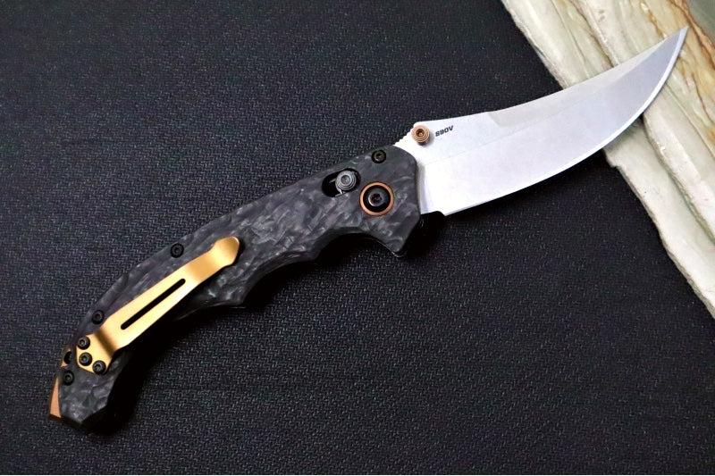 Benchmade Mini Bedlam 865-02 - CPM-S90V Steel / Satin Scimitar Blade / Marbled Carbon Fiber Handles