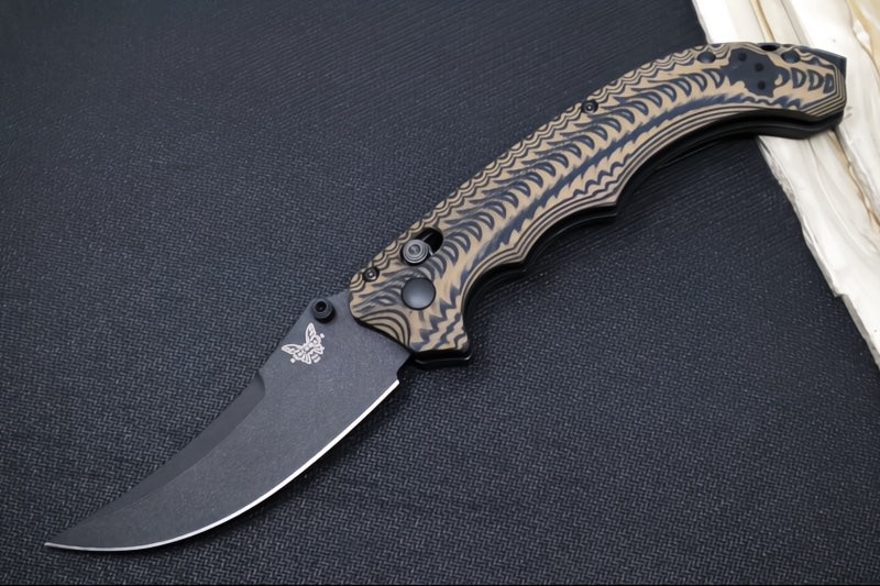 Benchmade Mini Bedlam 865BK-01 - CPM-S90V Steel / Graphite Black Cerakoted Scimitar Blade / Textured Black & Coyote Tan G-10 Handle