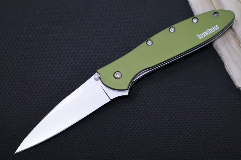 Kershaw 1660OL Leek Flipper - Satin 14C28N Blade / OD Green Aluminum Handle - Northwest Knives