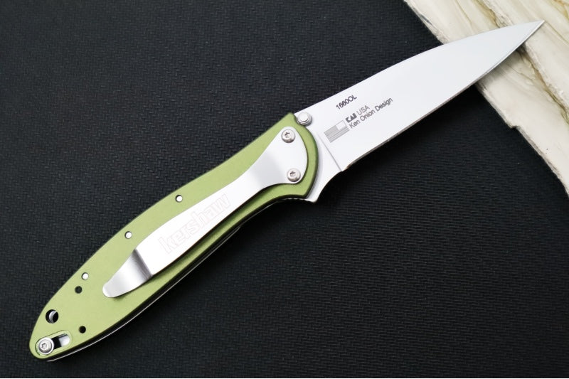 Kershaw 1660OL Leek Flipper - Satin 14C28N Blade / OD Green Aluminum Handle - Northwest Knives