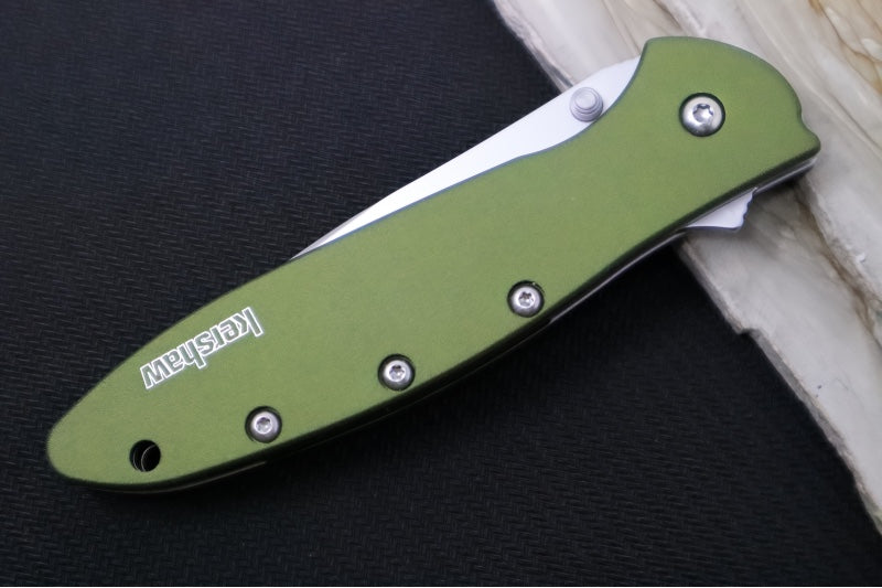 Kershaw 1660OL Leek Flipper - Satin 14C28N Blade / OD Green Aluminum Handle - Northwest Knives