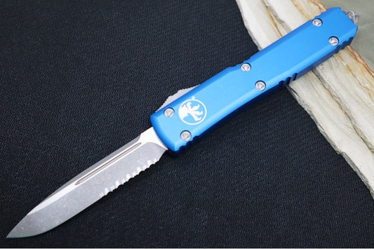 Microtech Ultratech OTF - Single Edge with Partial Serrate / Apocalyptic Finish / Blue Anodized Aluminum Handle 121-11APBL
