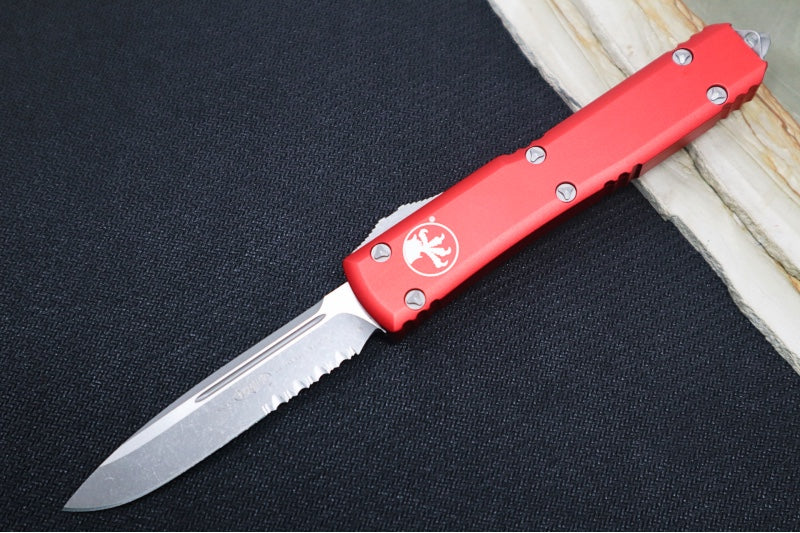 Microtech Ultratech OTF - Single Edge with Partial Serrate / Apocalyptic Finish / Red Anodized Aluminum Handle 121-11APRD
