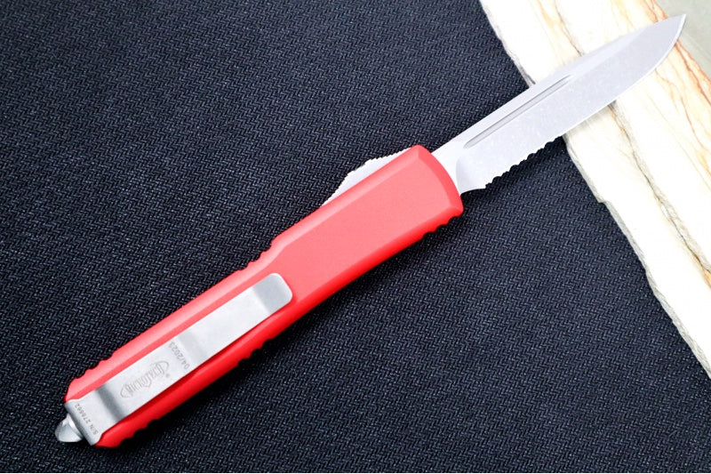 Microtech Ultratech OTF - Single Edge with Partial Serrate / Apocalyptic Finish / Red Anodized Aluminum Handle 121-11APRD