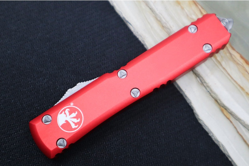 Microtech Ultratech OTF - Single Edge with Partial Serrate / Apocalyptic Finish / Red Anodized Aluminum Handle 121-11APRD