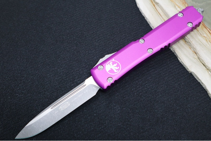 Microtech Ultratech OTF - Single Edge / Apocalyptic Finish / Violet Anodized Aluminum Handle - 121-10APVI