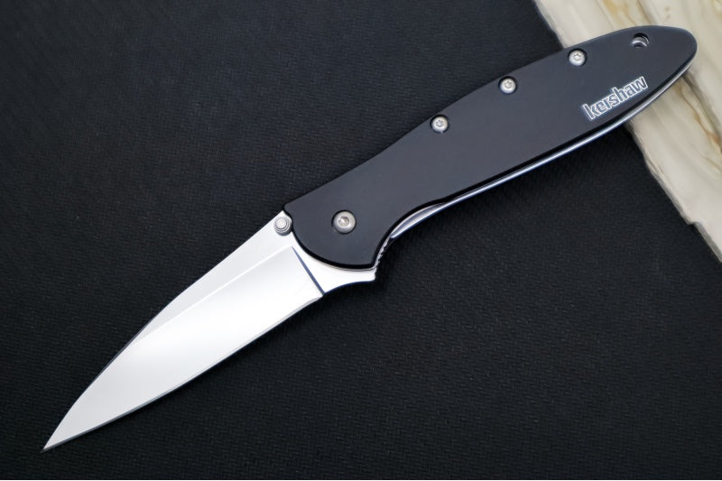 Kershaw 1660SWBLK Leek Flipper - Stonewash 14C28N Blade / Black Aluminum Handle - Northwest Knives