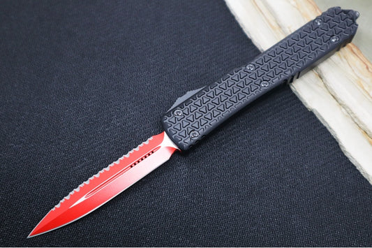 Microtech Ultratech Signature Series Sith Lord OTF - Dagger Blade with Full Serrates / Cerekoted Red Blade / Black Trim-Grip Handle / Ringed Hardware 122-3SL
