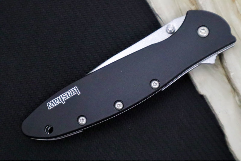 Kershaw 1660SWBLK Leek Flipper - Stonewash 14C28N Blade / Black Aluminum Handle - Northwest Knives