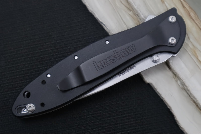 Kershaw 1660SWBLK Leek Flipper - Stonewash 14C28N Blade / Black Aluminum Handle