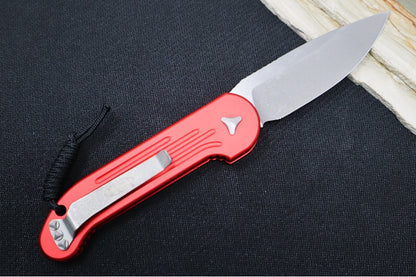 Microtech L.U.D.T - Drop Point Blade / Apocalyptic Finish / Red Anodized Aluminum Handle 135-10APRD